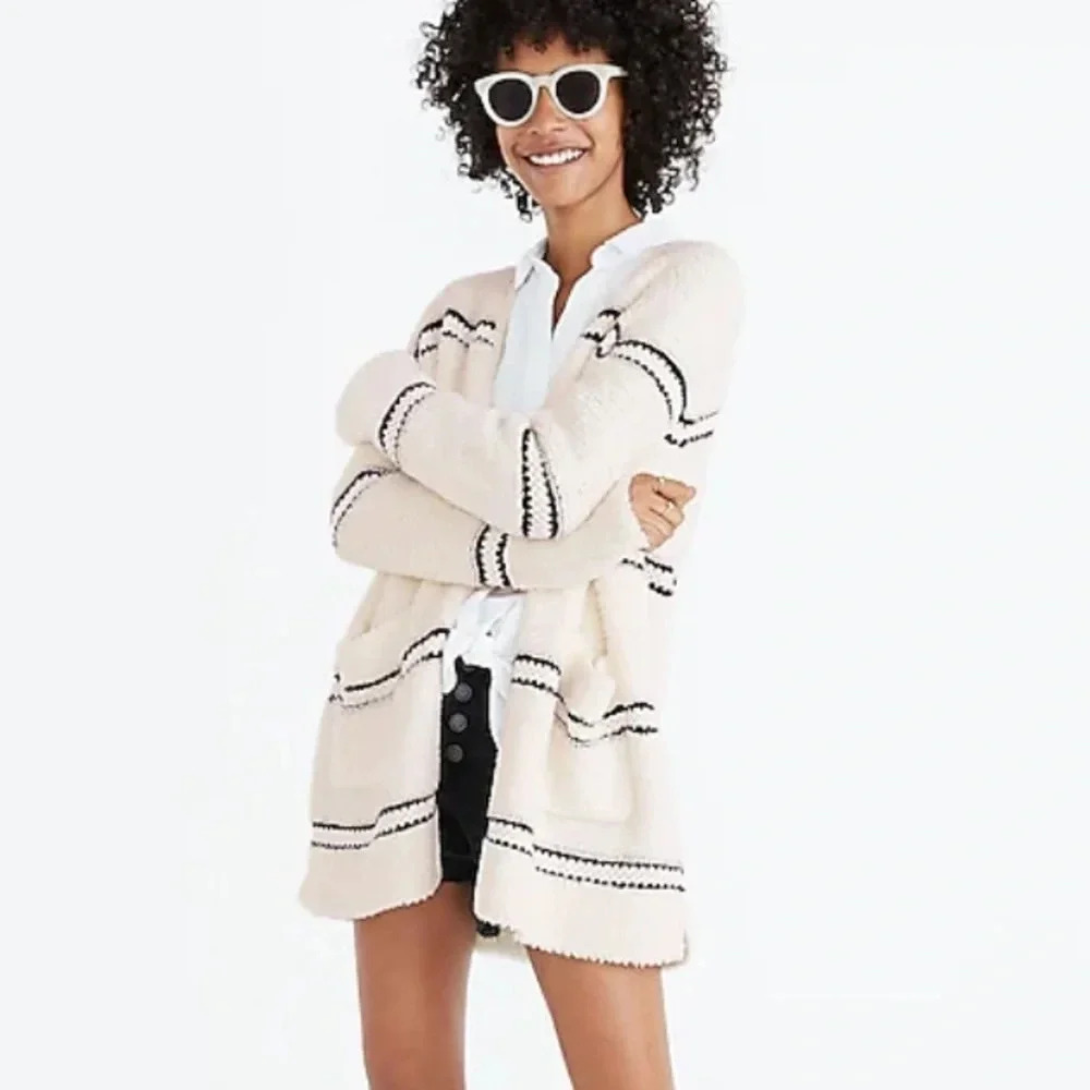 Madewell Striped Boucl Cardigan Long Cardigan Crochet Detail Cozy Sweater Sz L